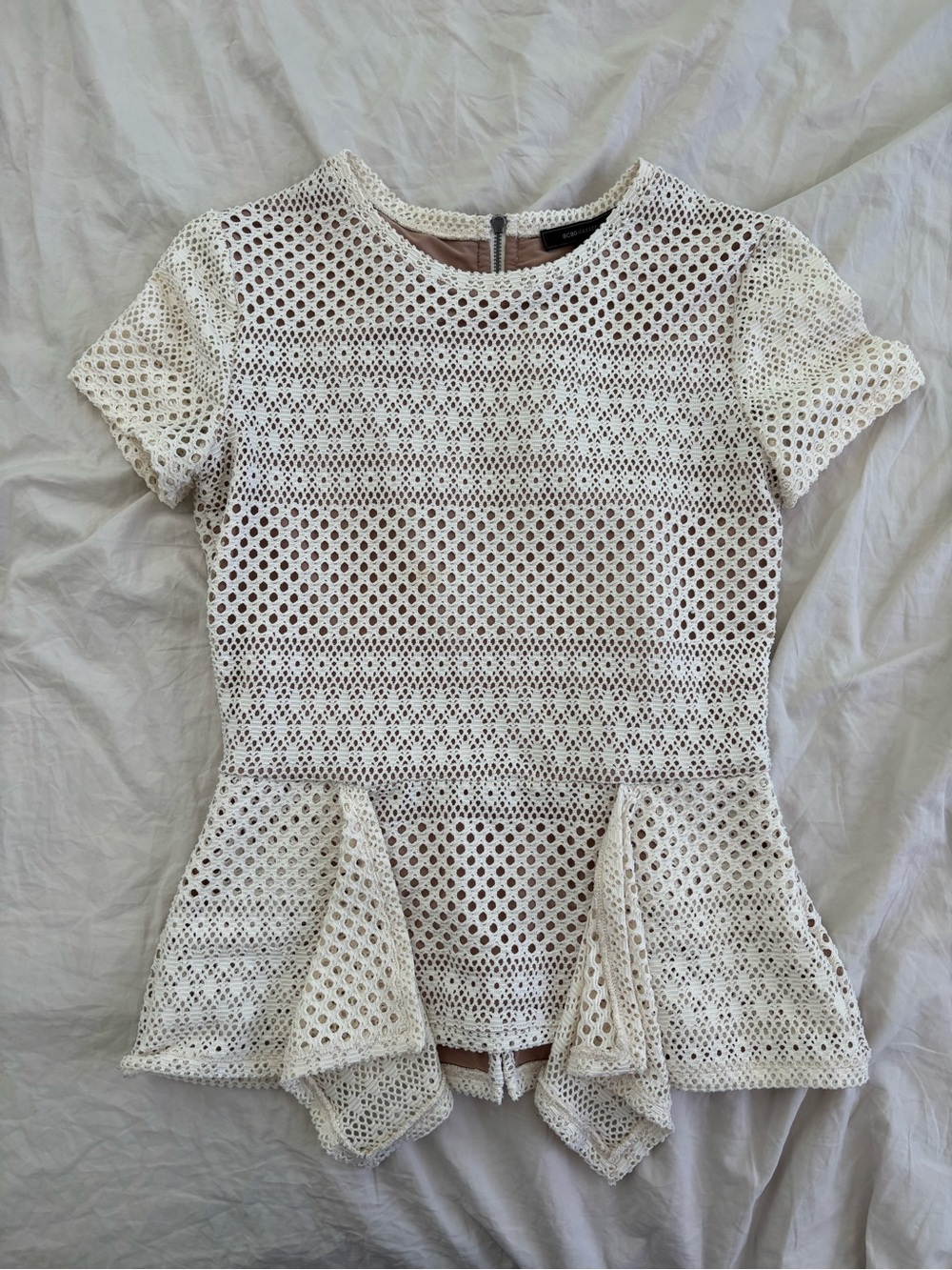 BCBG Max Azria | Vicktoria Mixed-Knit Peplum Top, Ivory White, Size S